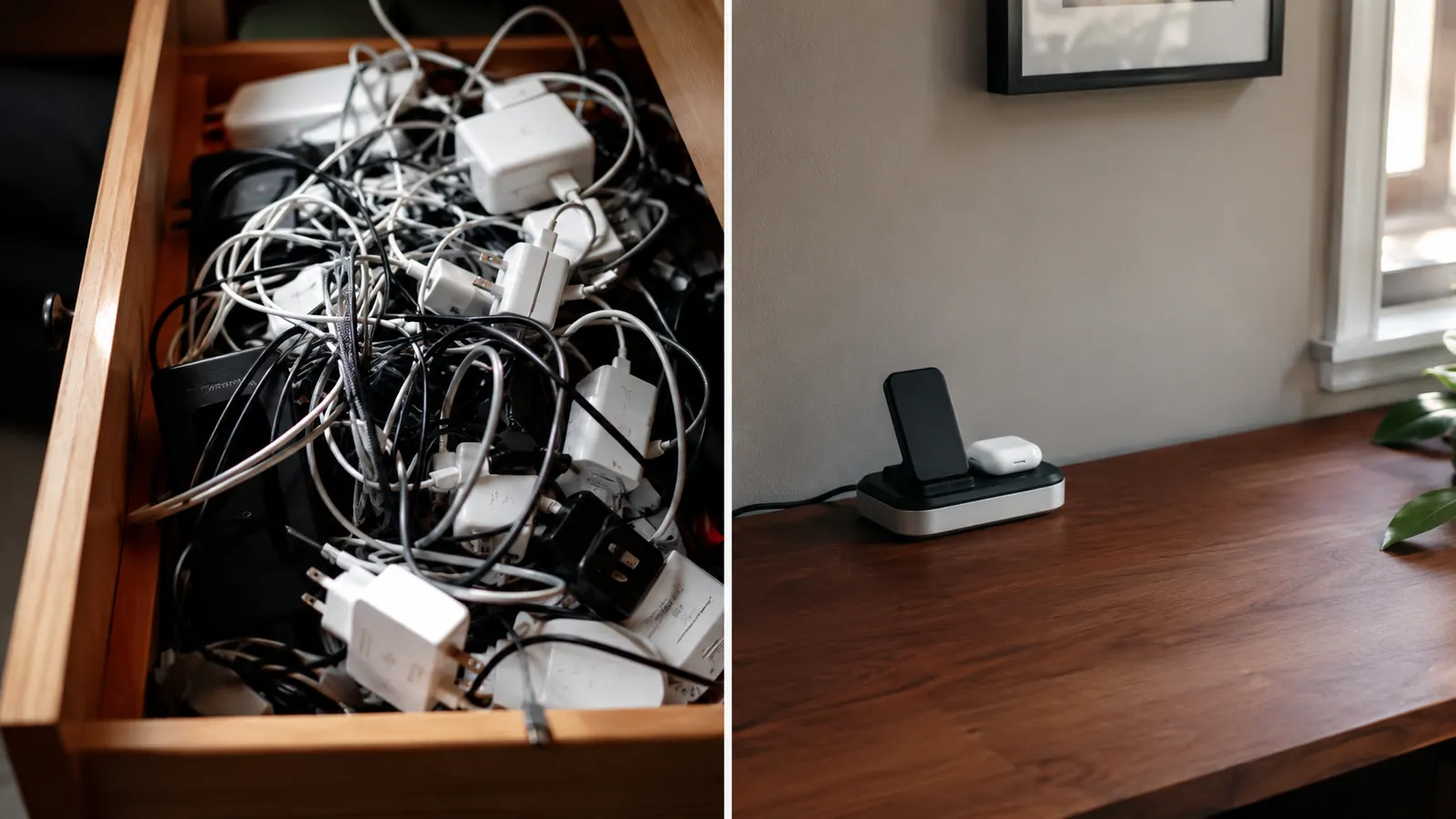 Split scene showing a cluttered desk drawer of tangled charging cables next to a clean desk surface with one charging dock