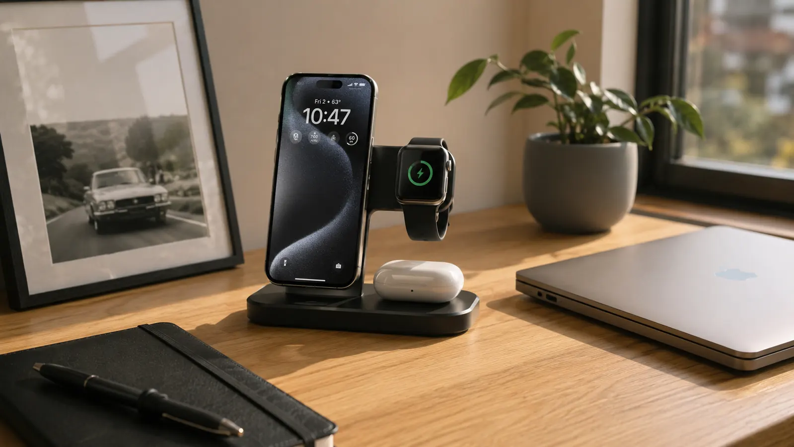 Tidy home office desk with a phone, watch, and earbuds all charging on one compact wireless charging station
