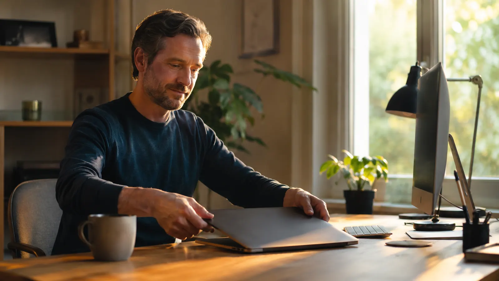 A person closing their laptop at the end of the workday with a clear, uncluttered desk and no paper piles in sight