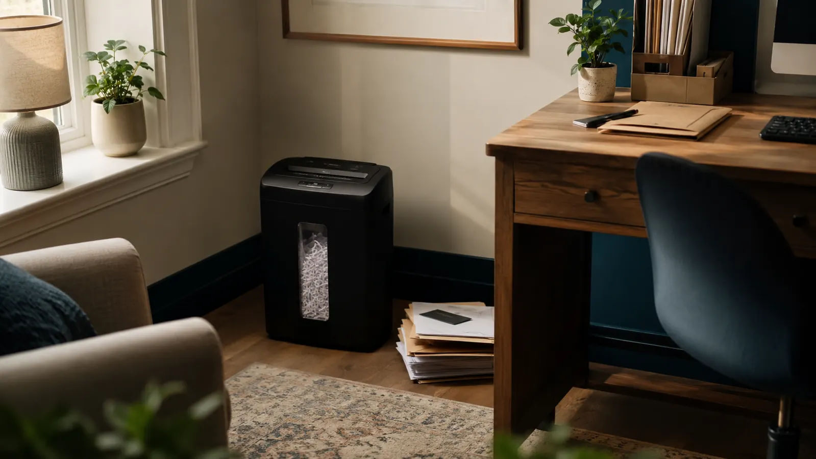 A tidy home office desk with a small cross-cut paper shredder tucked beside a stack of mail, morning light coming through a window