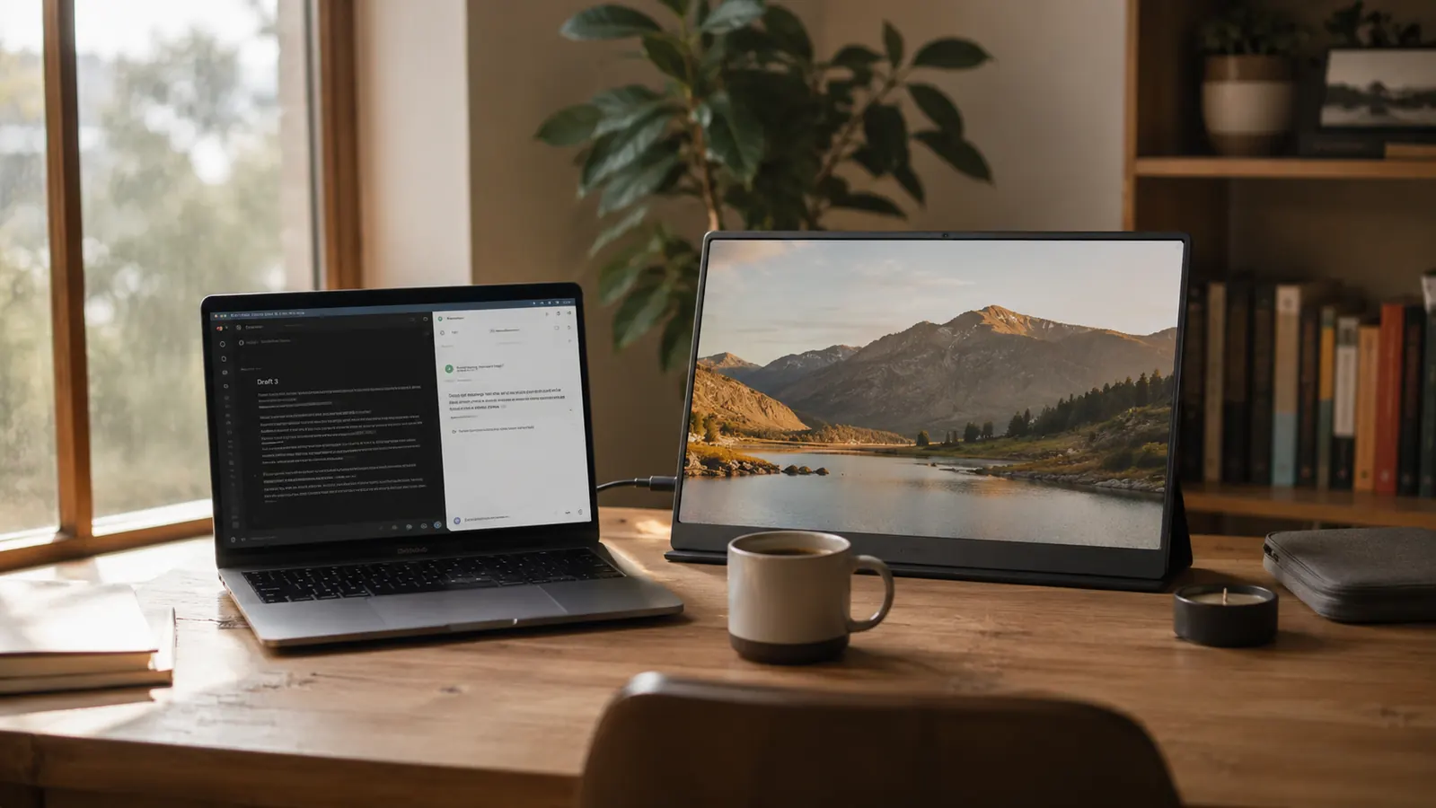 Slim portable monitor set up beside a laptop on a tidy wooden desk with morning light