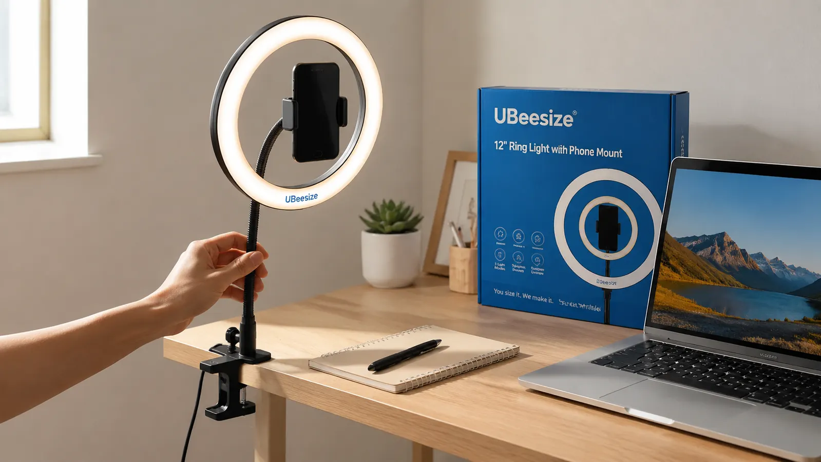 Hand adjusting the UBeesize ring light clamp mount on the edge of a desk next to a laptop
