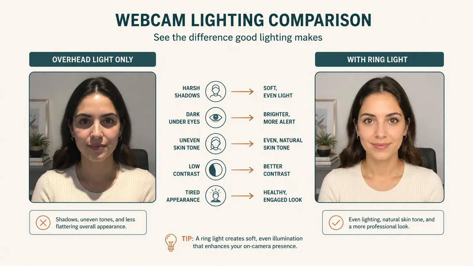 Side by side comparison chart showing a face lit only by overhead office light versus the same face lit with a ring light