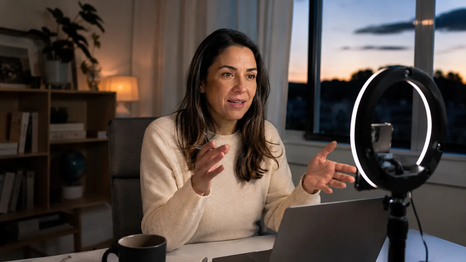 Person on a late afternoon video call with warm ring light glow keeping their face clear as the window behind them goes dark