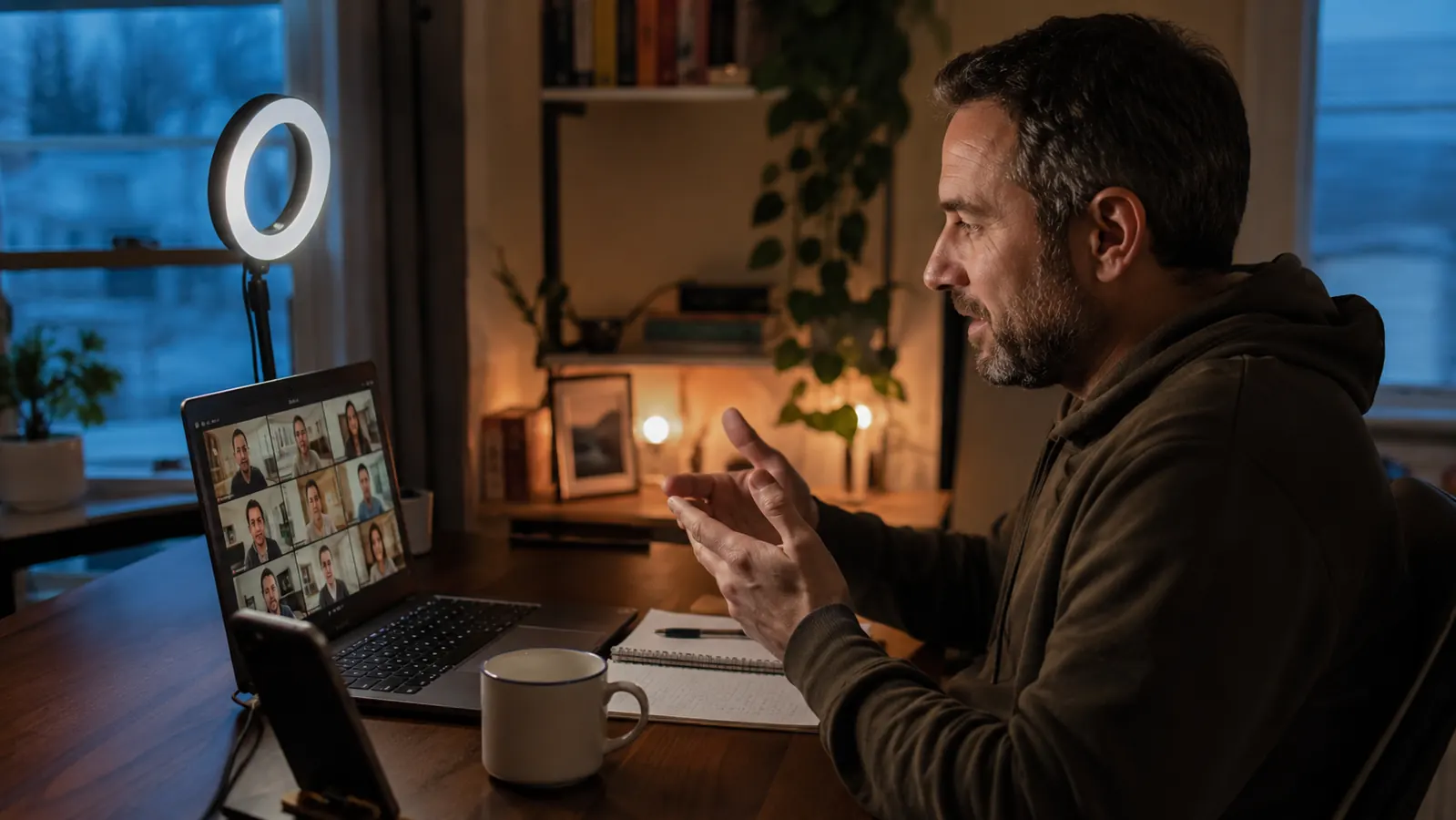 Home office desk at dusk with a UBeesize ring light glowing warmly beside a laptop mid video call