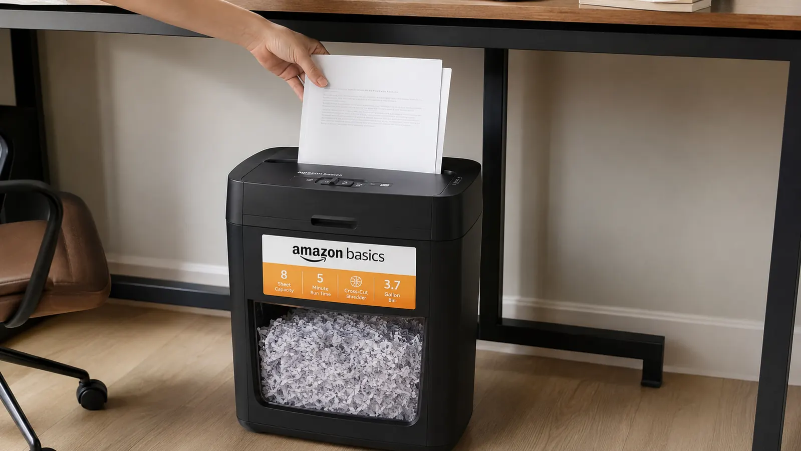 Hand feeding a stack of bank statements into the Amazon Basics 12-sheet cross-cut shredder