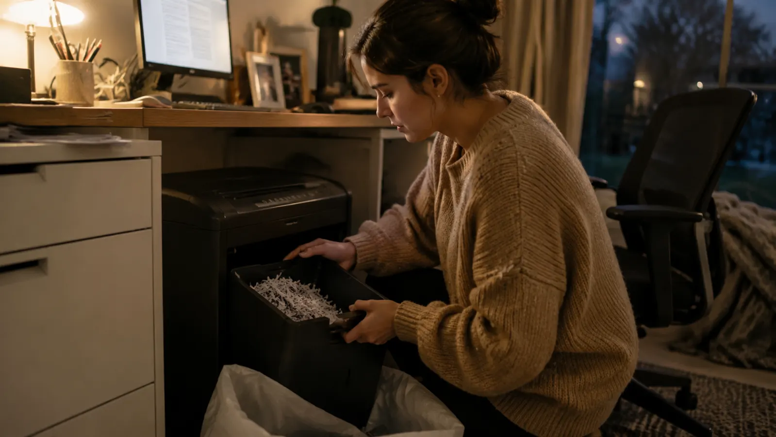 End of day scene emptying the shredder's pull-out bin into a recycling bag with a few pieces of shredded paper clinging to a sleeve