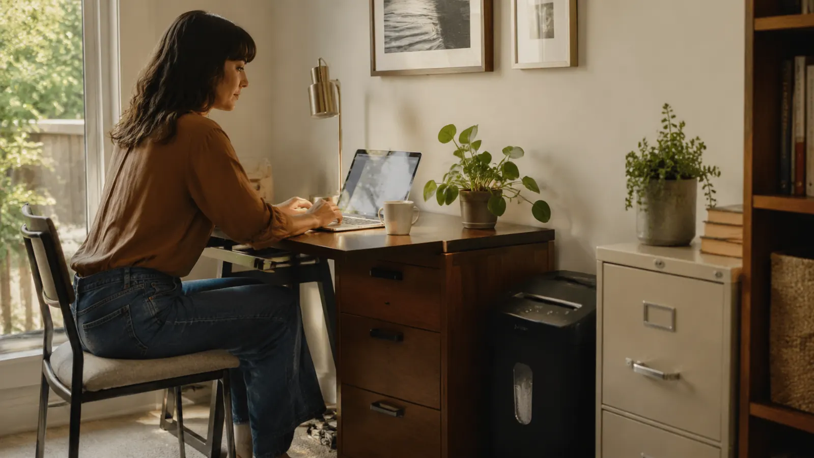 A woman sitting at a tidy home office desk next to a small paper shredder, filing folders neatly stacked beside her