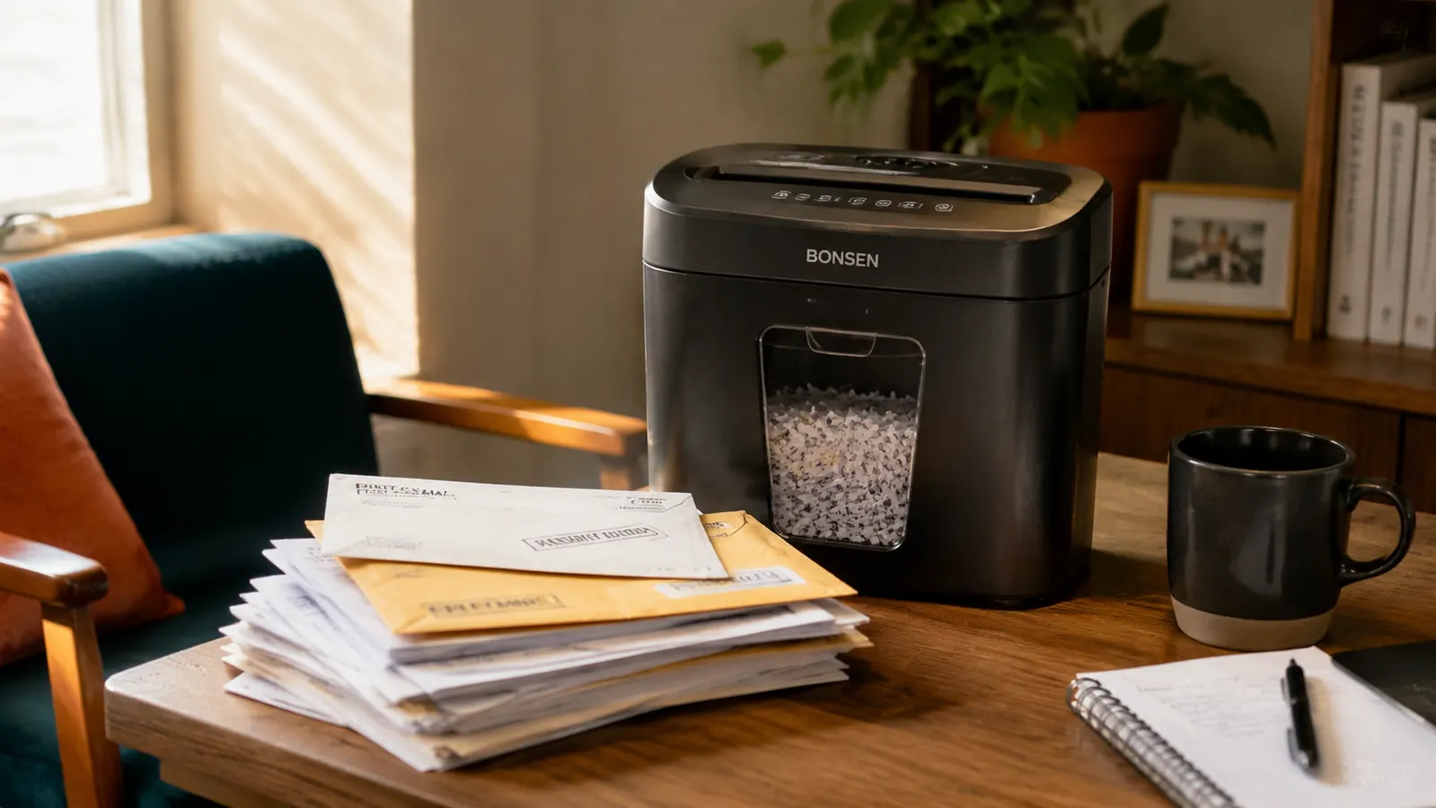 Home office desk corner with a paper shredder positioned beside a small stack of mail