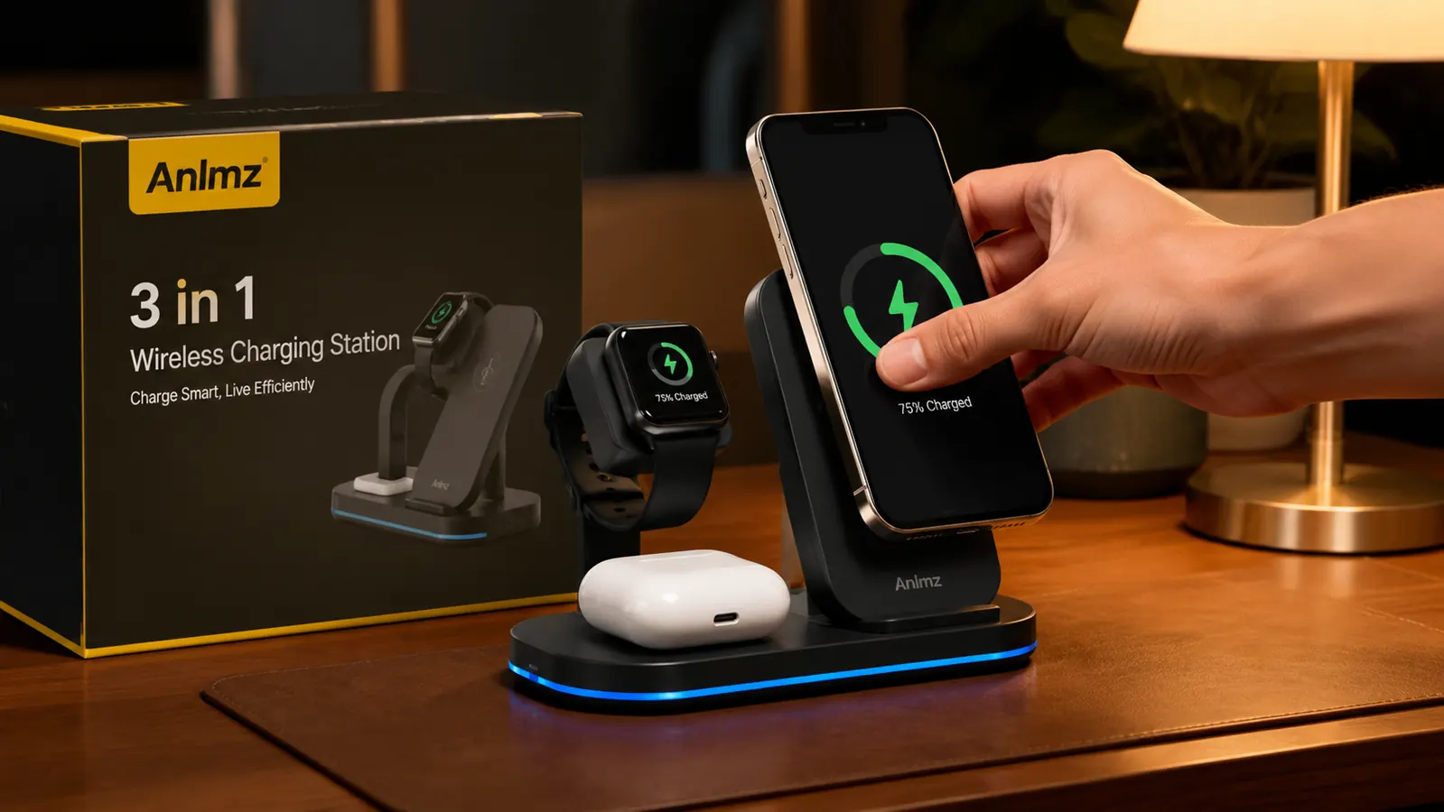 Hand setting an iPhone onto the charging pad of a 3-in-1 wireless charging station with a watch and earbuds already charging beside it