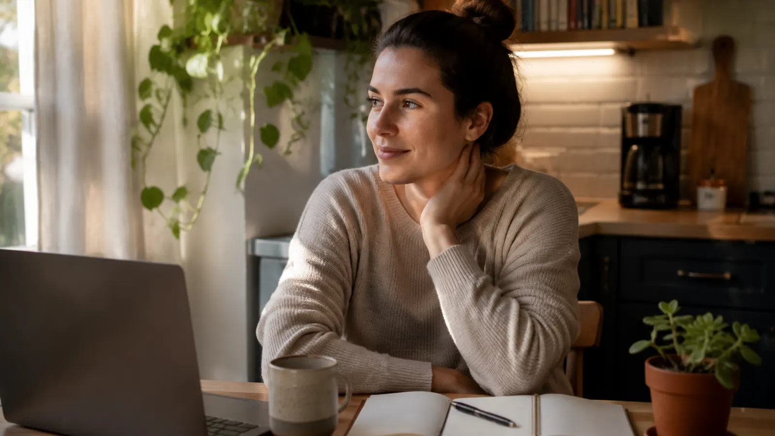 Tidy home desk corner with a phone, watch, and earbuds charging neatly on a dock beside a coffee mug and notebook