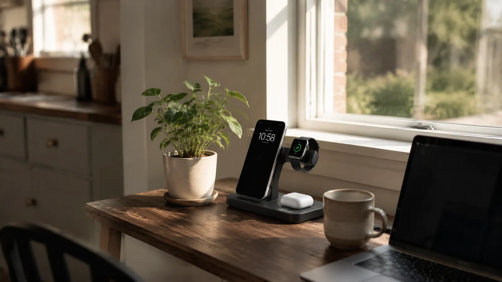 A tidy home office desk nook with a phone, smartwatch, and earbuds charging on a compact charging station in soft morning light