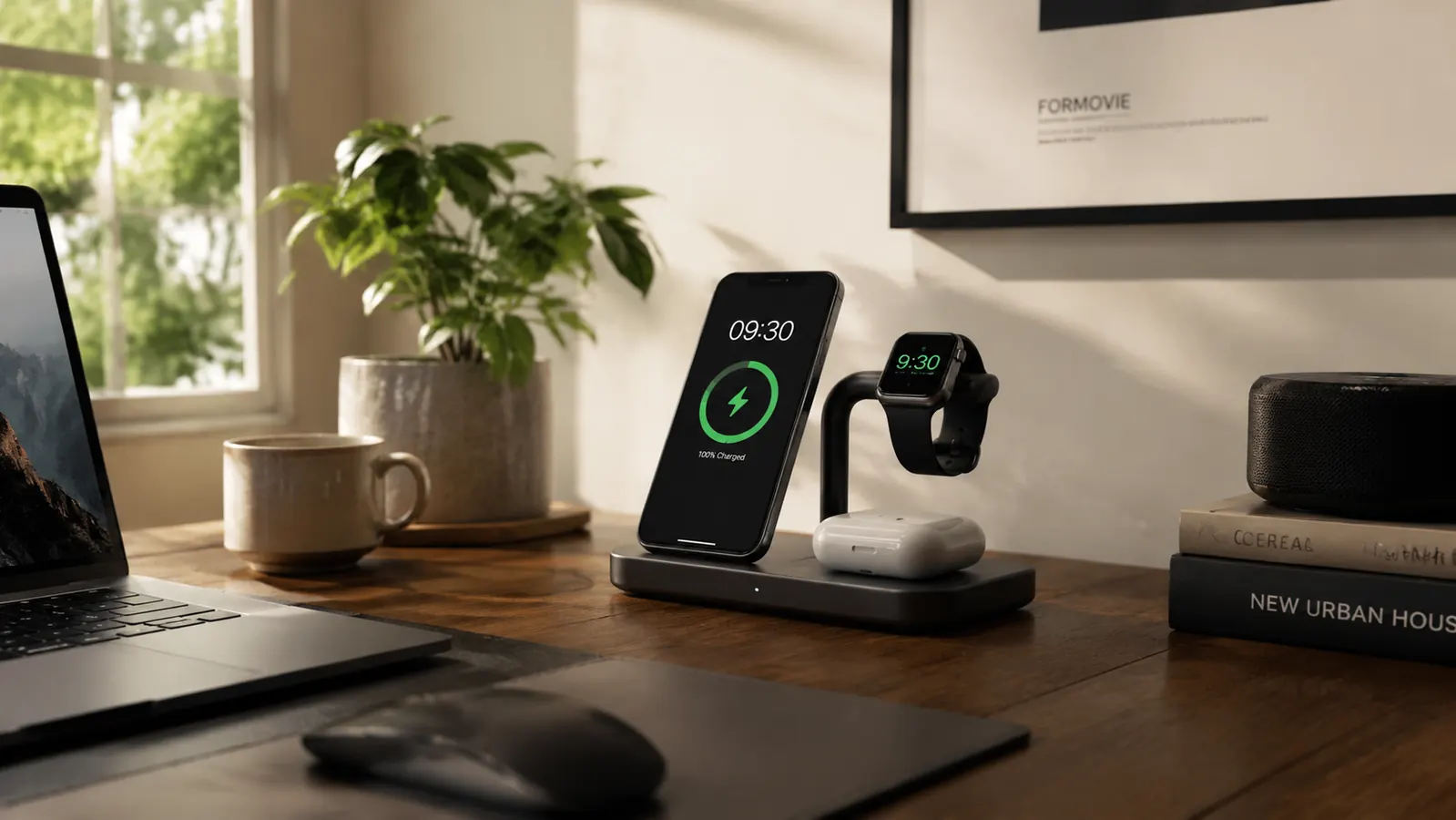 Tidy home office desk corner with a white 3-in-1 wireless charging station holding a phone, watch, and earbuds case, morning light through a window