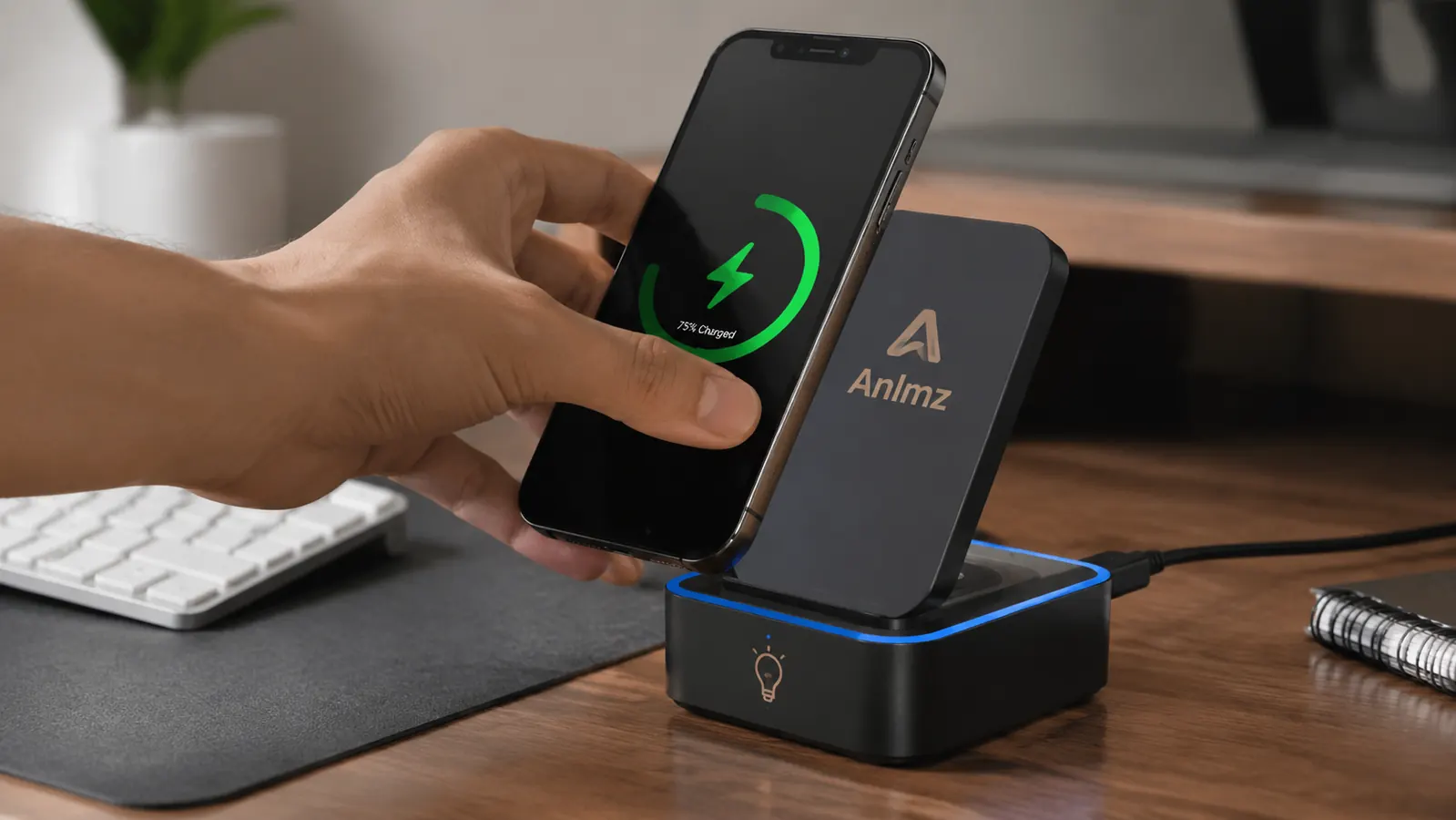 Hand placing an iPhone onto the angled charging pad of the Anlmz 3-in-1 station next to a keyboard