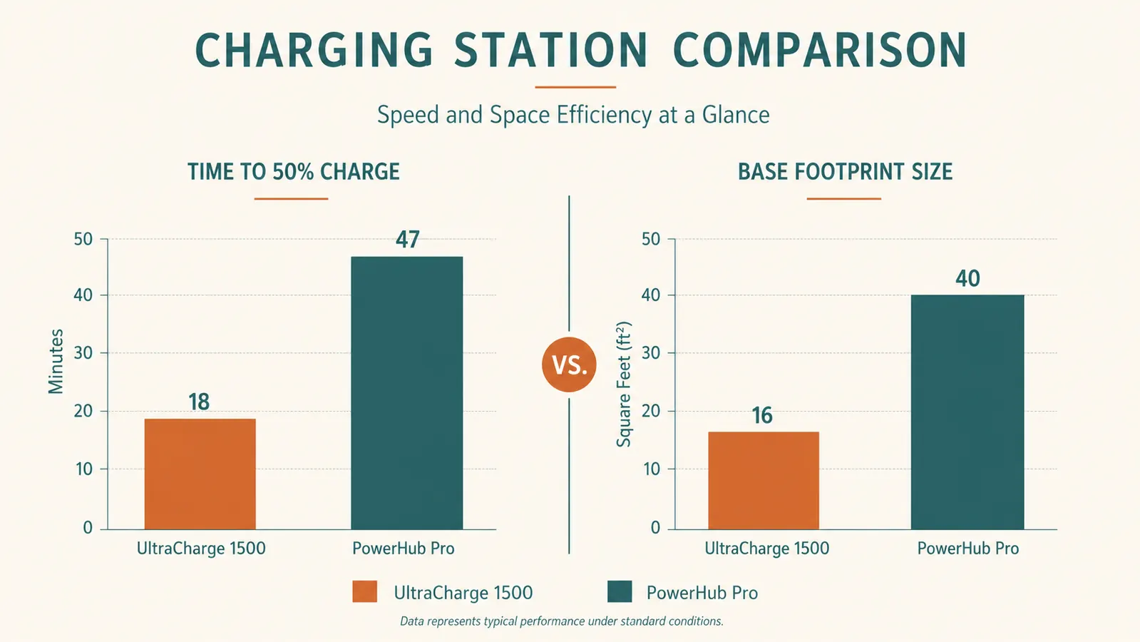 Bar chart comparing charging speed and desk footprint of the Anlmz charging station versus the GETPALS charging station