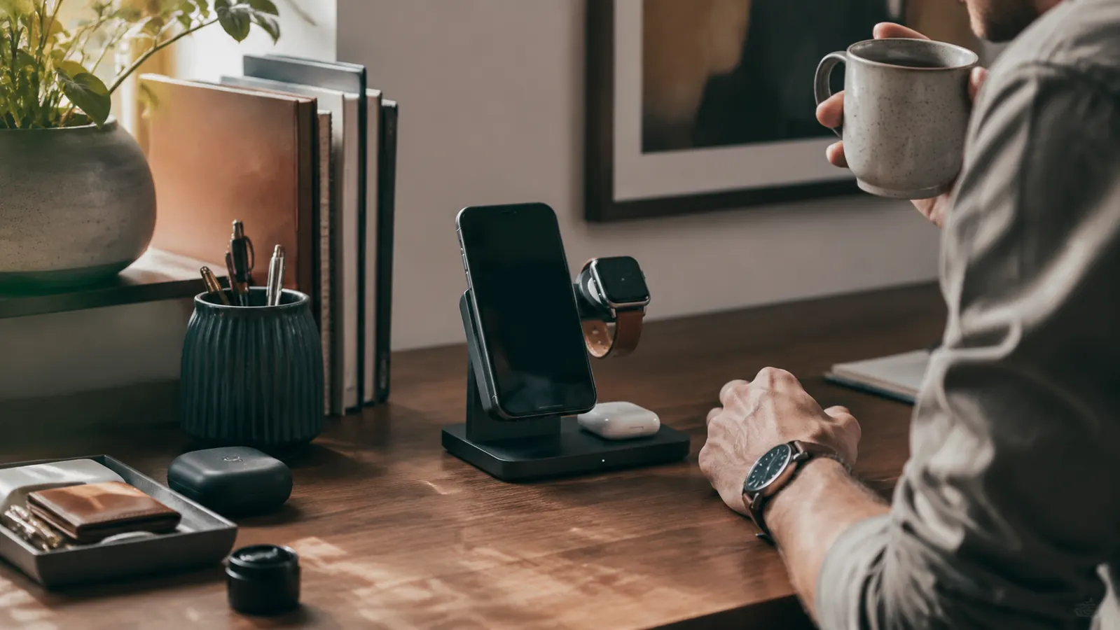 Tidy home office desk corner with a white 3-in-1 wireless charging station holding a phone, watch, and earbuds case, morning light through a window