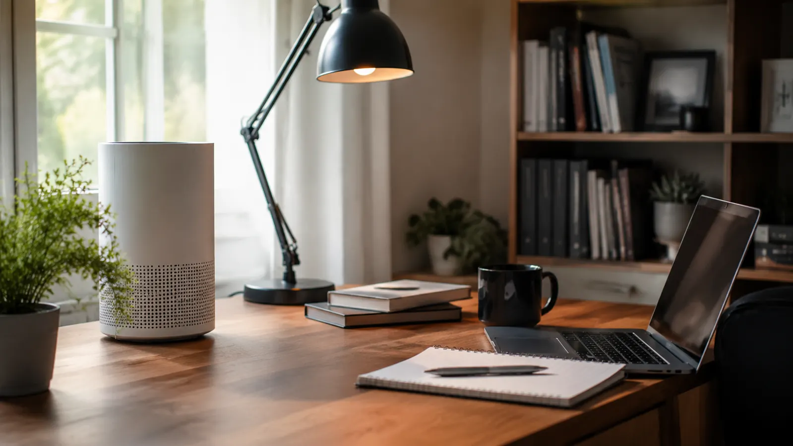 Bright, tidy home office with a window and a small air purifier running quietly beside the desk