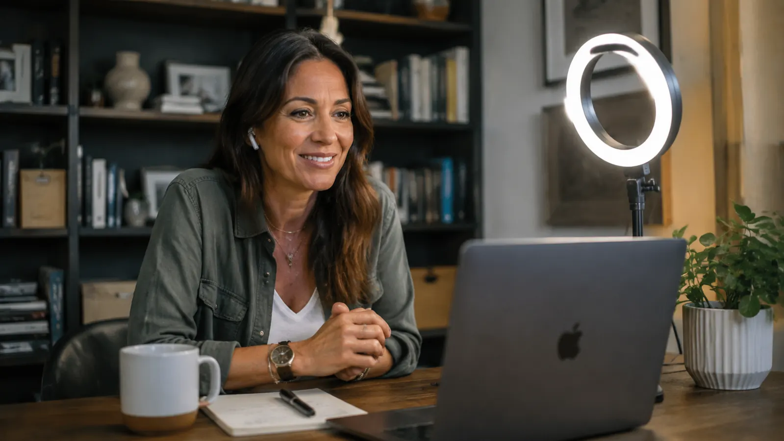 A woman on a relaxed, well-lit video call at her home desk with a ring light glowing evenly on her face