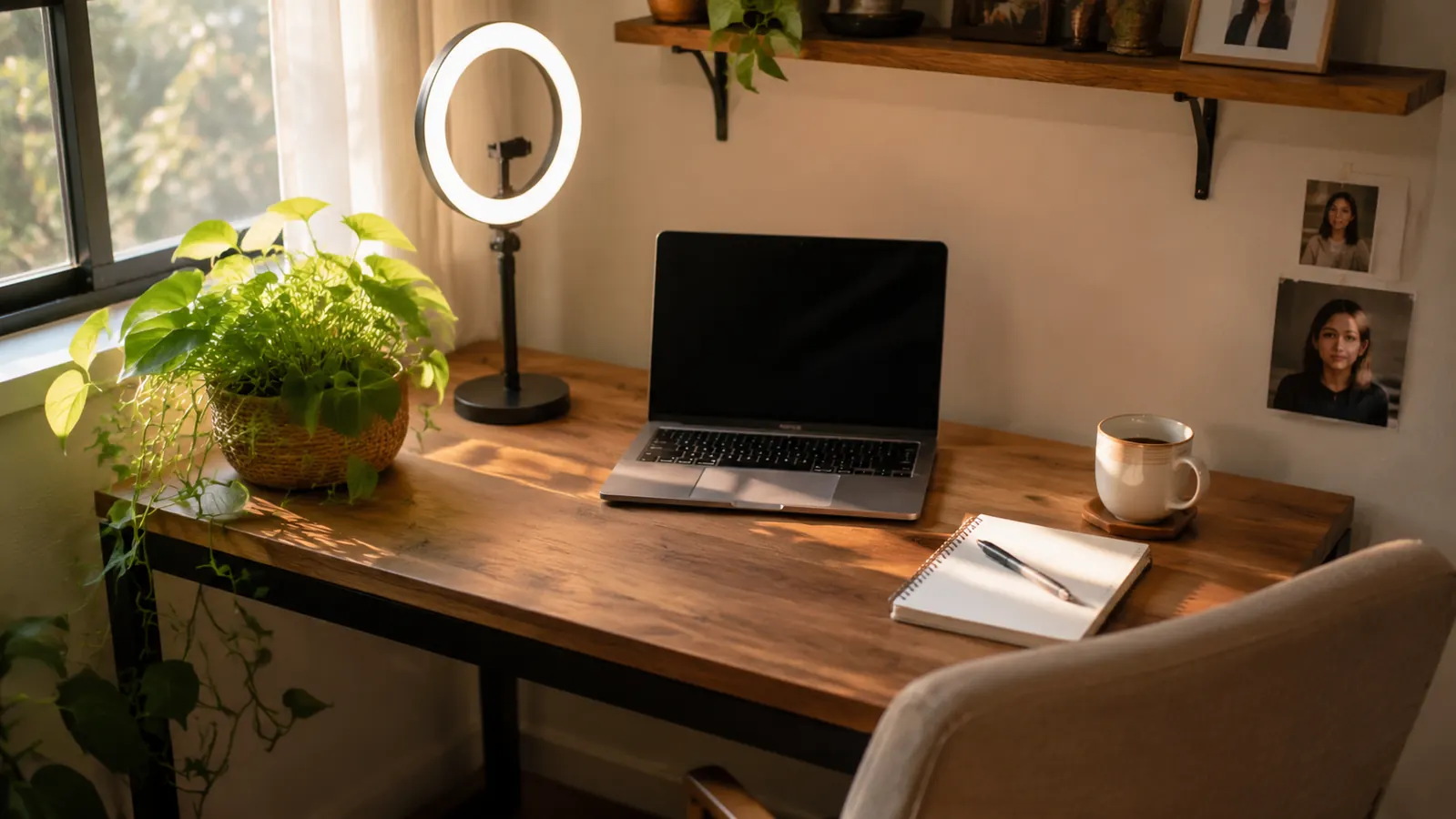 A calm home office corner with a ring light glowing softly next to a laptop just before a video call