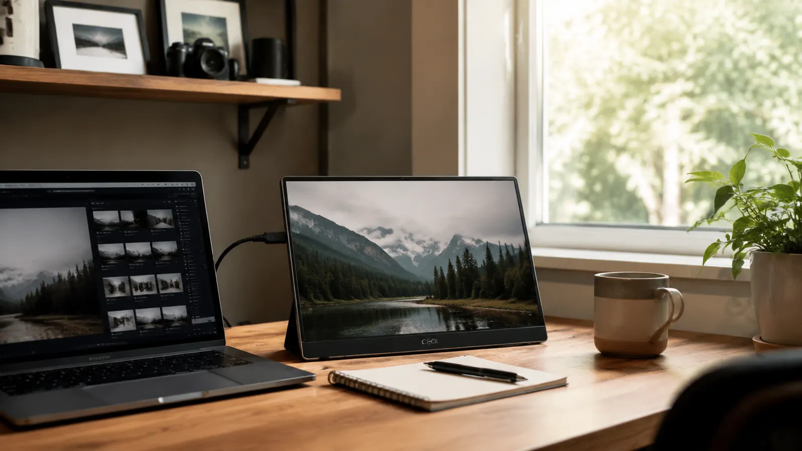 A tidy home desk with a laptop and a portable monitor set up side by side in soft morning light