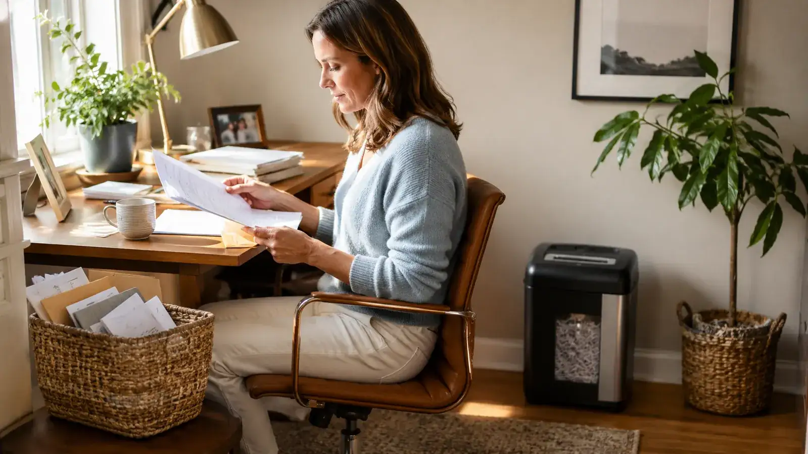 A tidy home office desk corner with a small paper shredder tucked beside a stack of mail, warm morning light through a nearby window