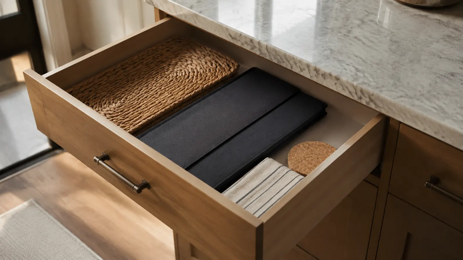 The portable monitor folded flat and tucked into a kitchen drawer next to placemats, laptop closed on the table nearby