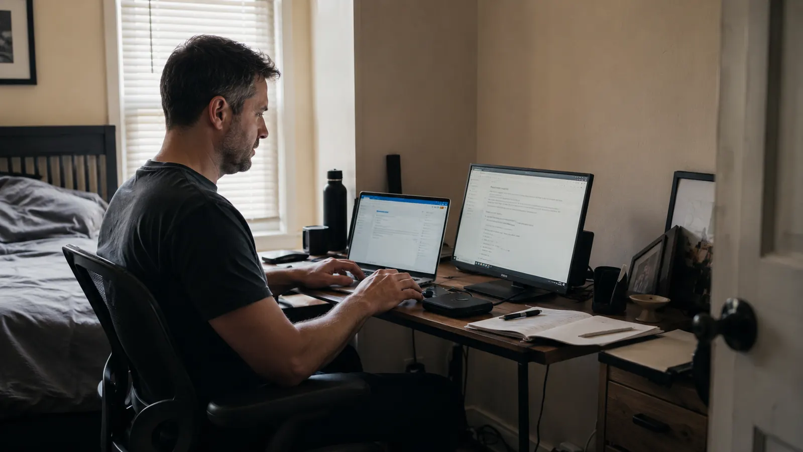 A man working at a narrow desk in a converted spare room, laptop and KYY portable monitor side by side, late afternoon light through a window