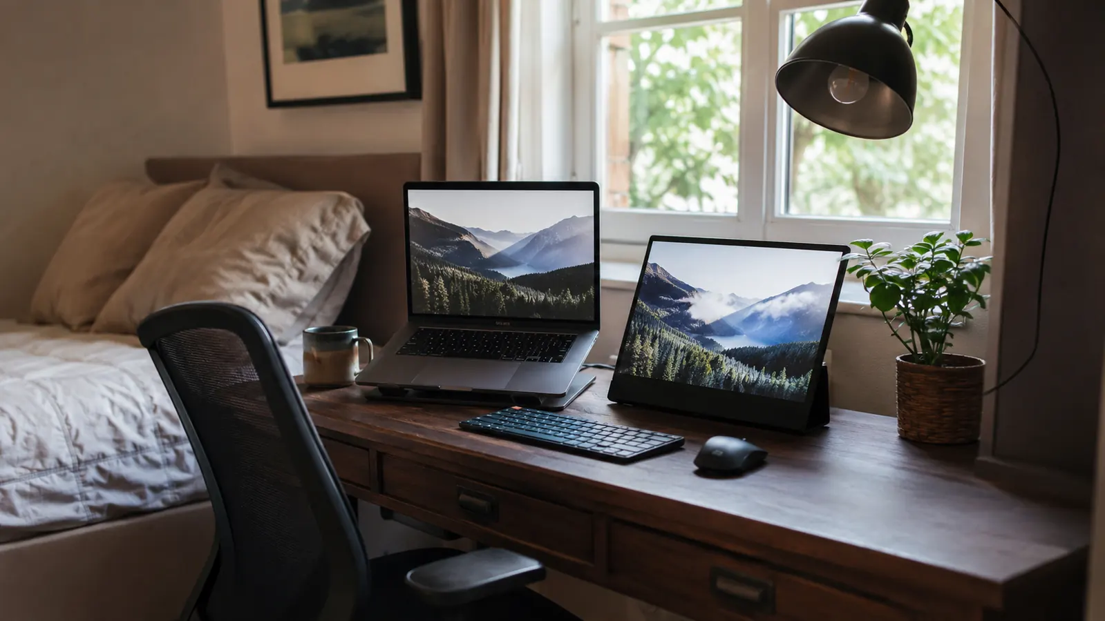 A woman working at a small home office desk in a guest room with a laptop and a portable second monitor propped beside it, soft morning light