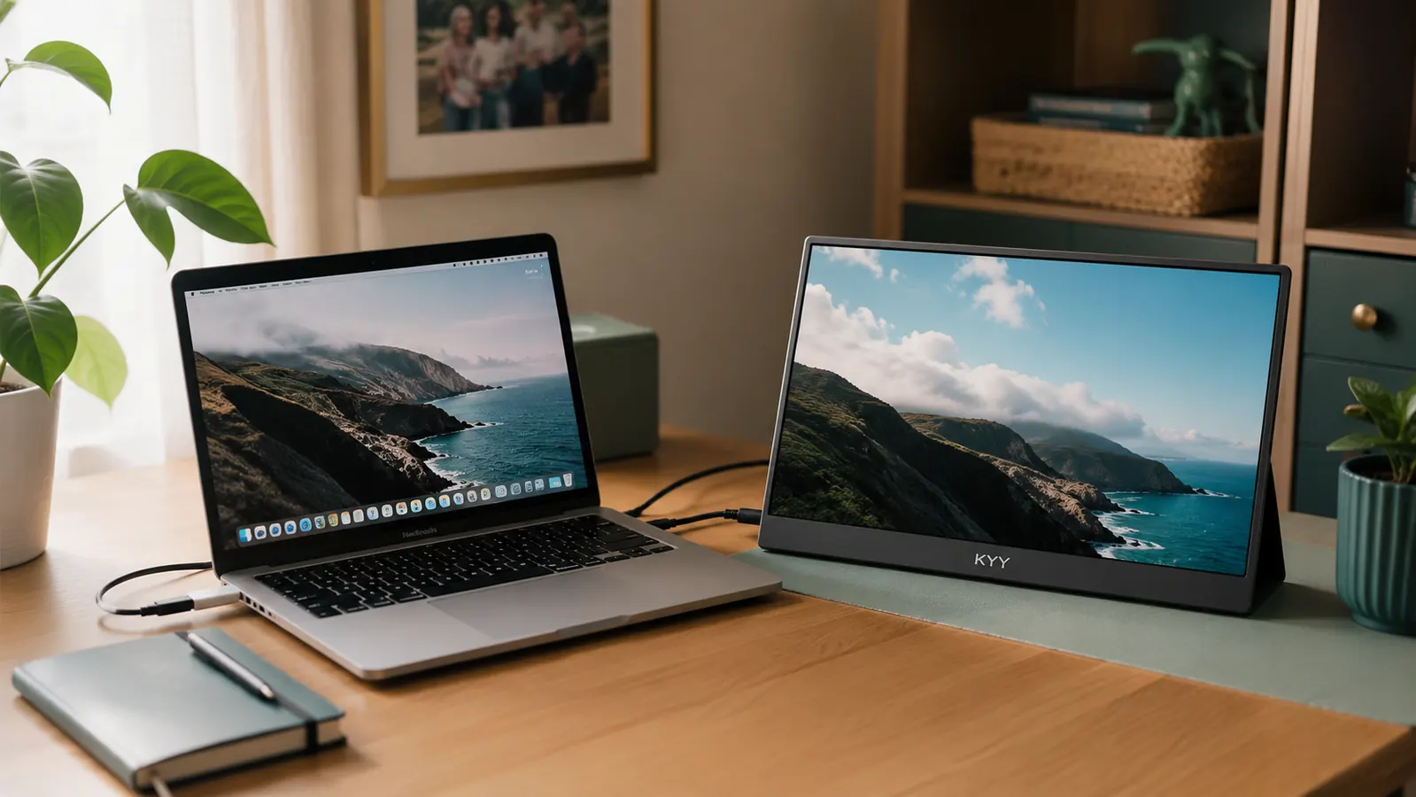 A KYY 15.6-inch portable monitor set up beside a laptop on a tidy home office desk, morning light coming through a window