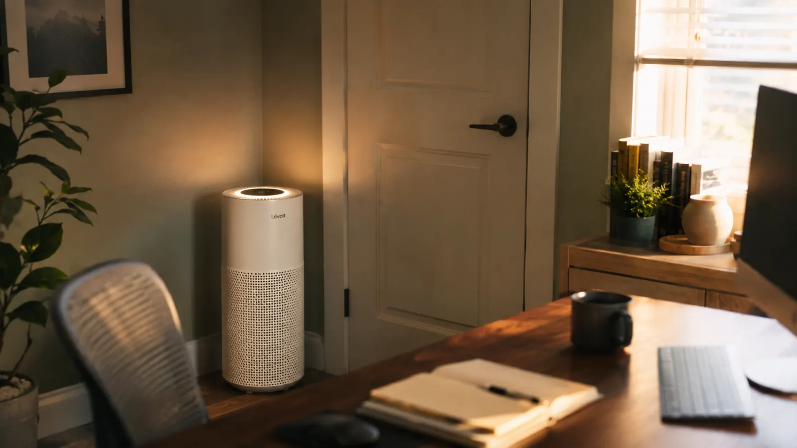 Levoit air purifier running quietly on a shelf beside a tidy home office desk