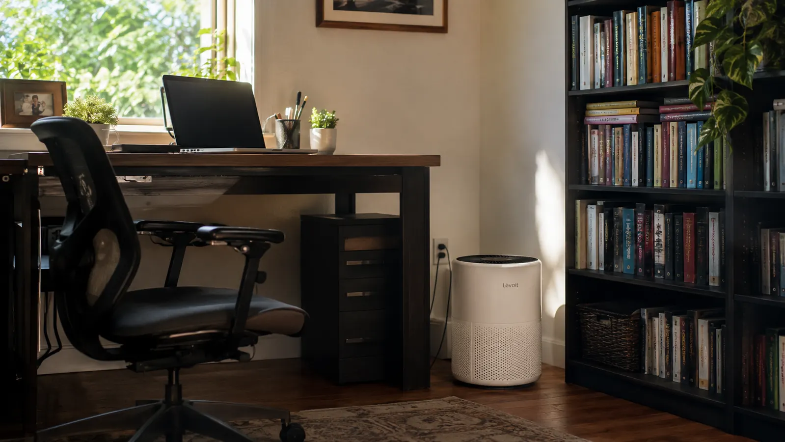 A tidy home office with a LEVOIT air purifier running quietly in the corner near a desk with morning light coming through the window