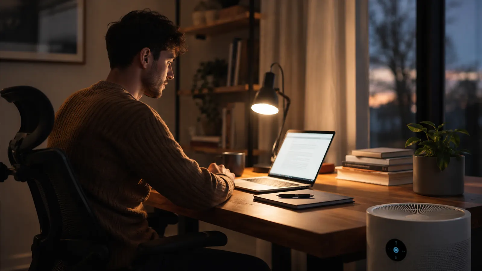 Quiet home office at the end of the day with the air purifier's light dimmed for evening use