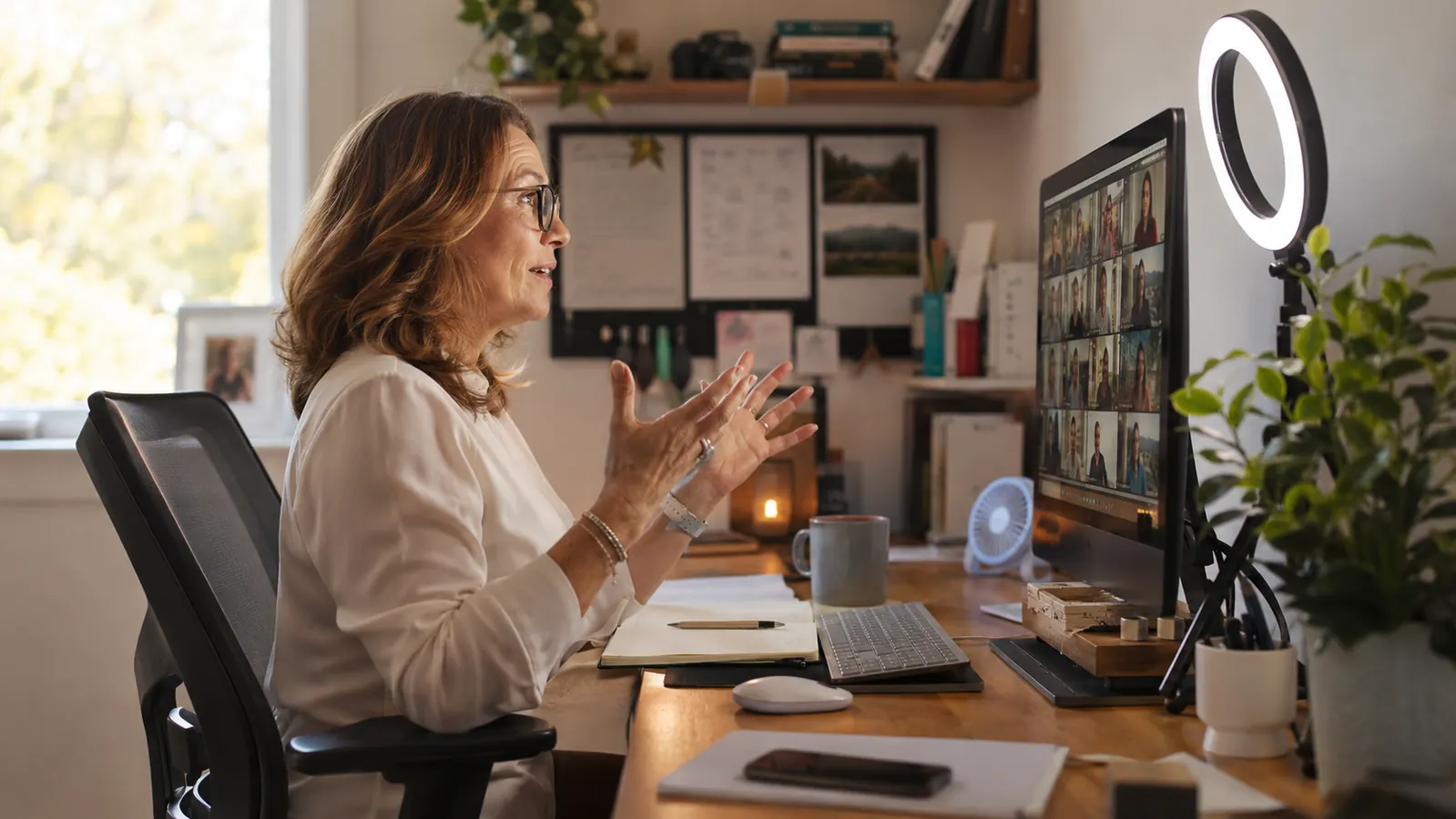 Woman wearing glasses on a video call at a corner desk with a ring light glowing beside her monitor