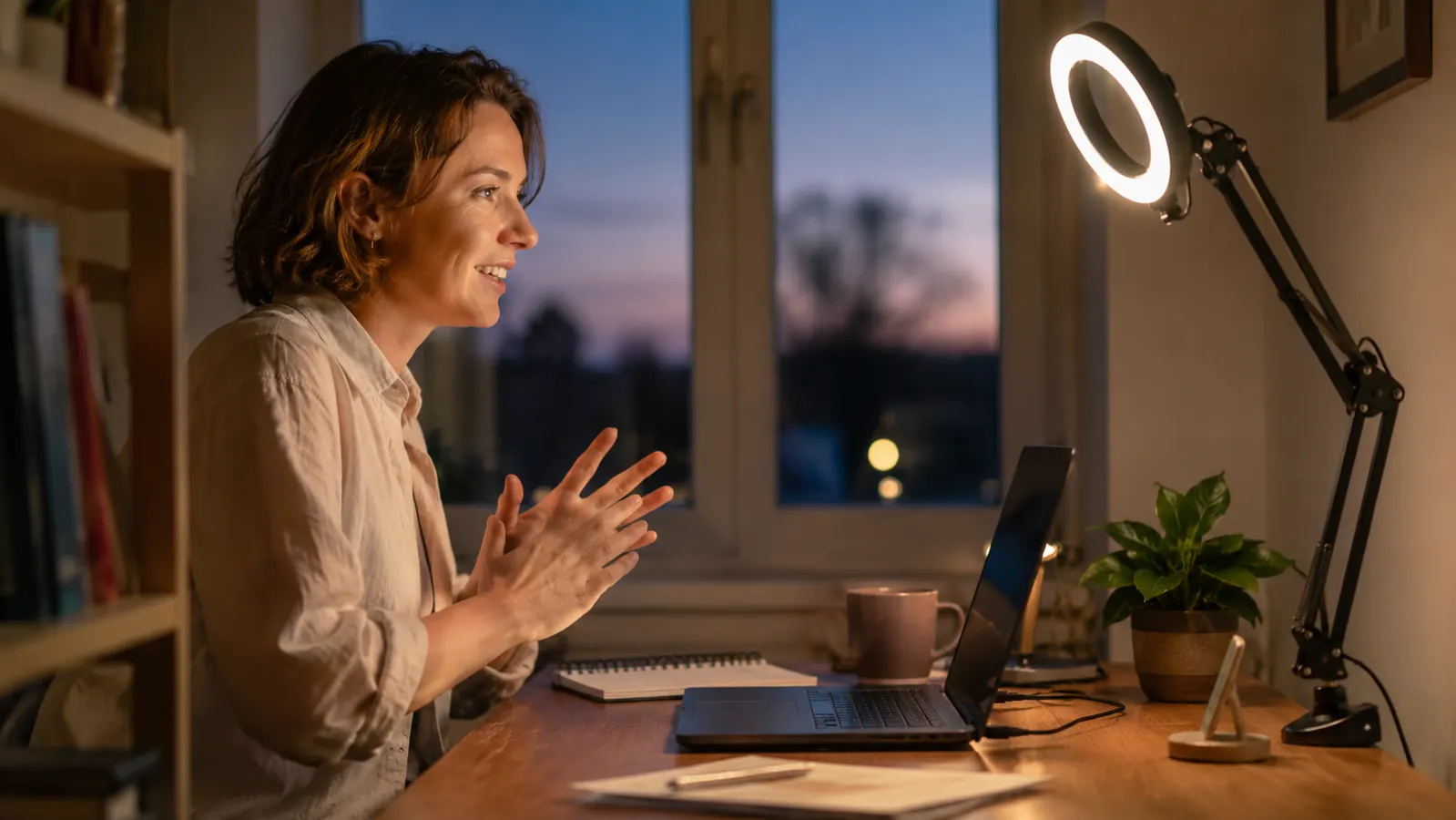 Home office desk with a ring light glowing warmly beside a laptop during a video call