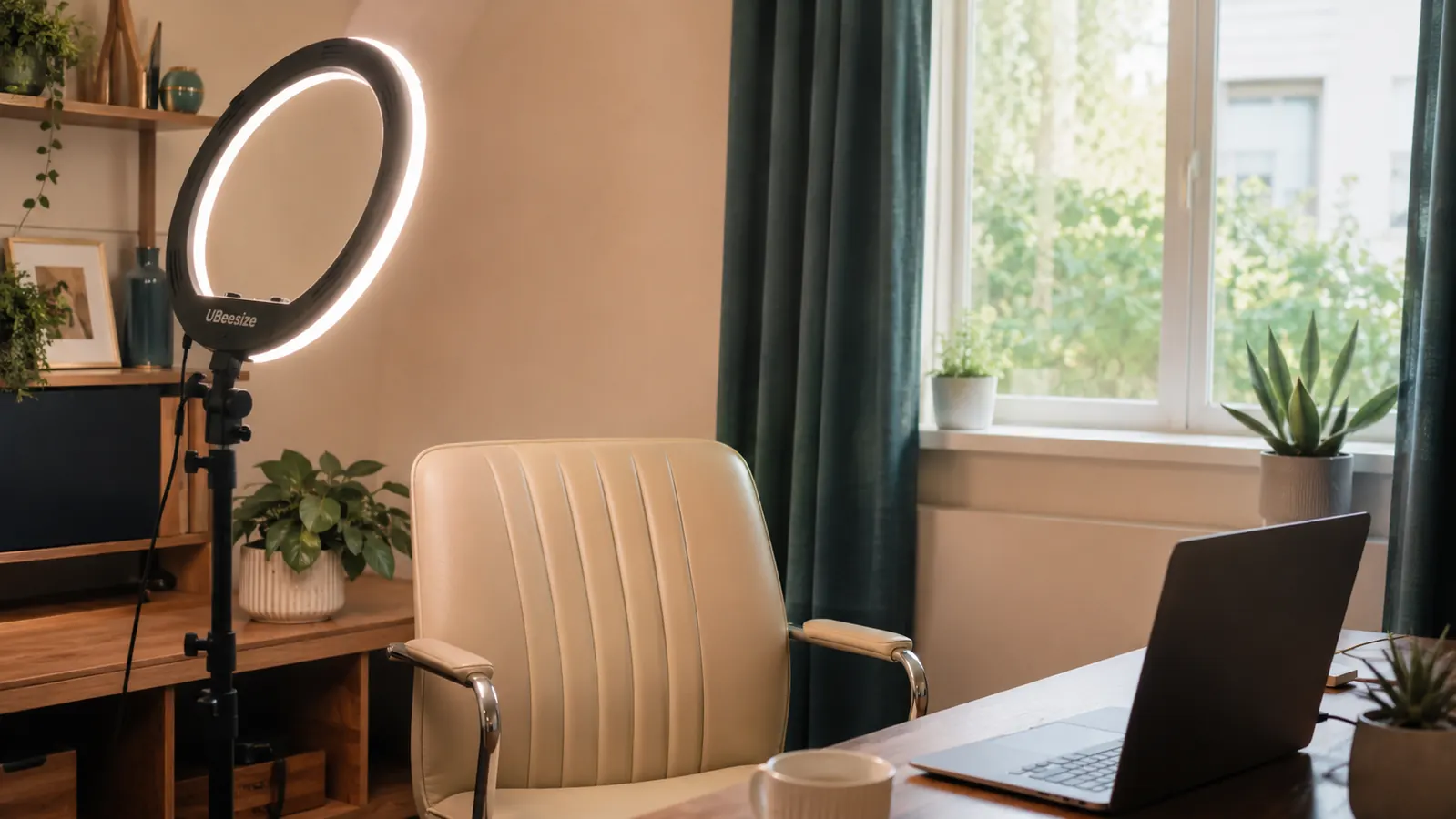 A UBeesize 12-inch ring light set up on a tidy home office desk beside a laptop, with a phone mounted in the center of the ring for a video call